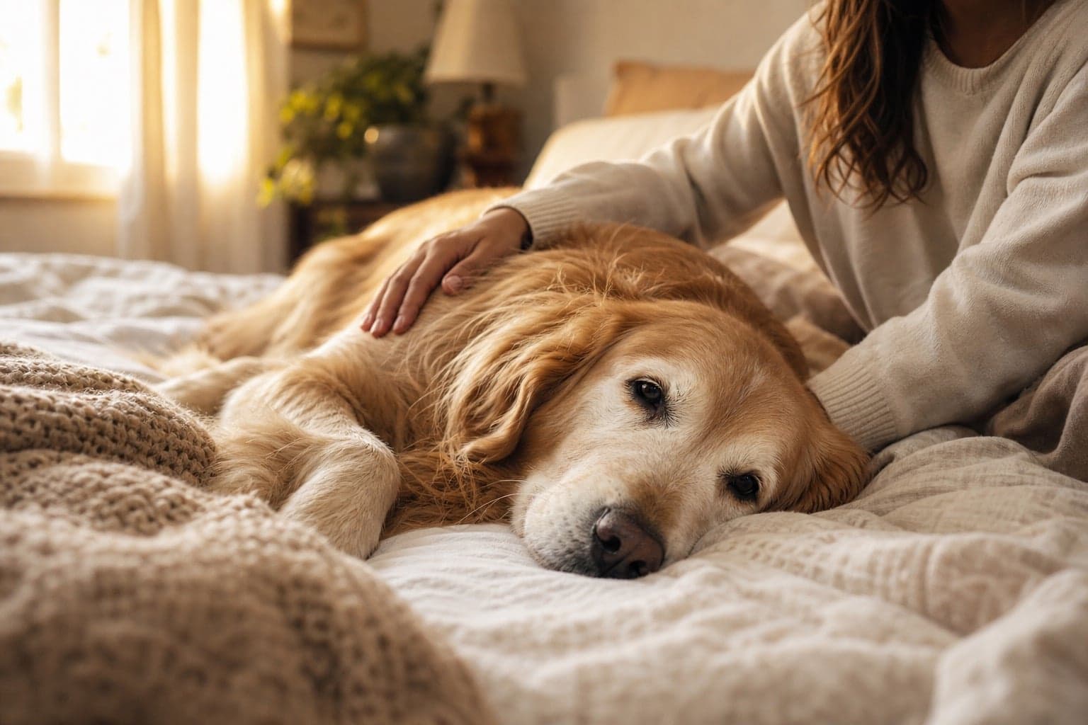 女主人陪著趴在床上的老年黃金獵犬，暖陽晨光